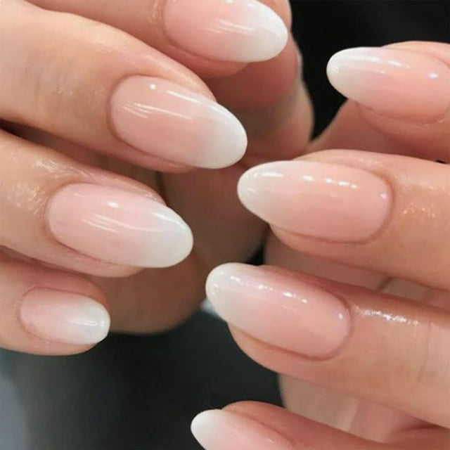 Short Press on Nails Cute Light Pink Almond False Nails with White Gradient Designs Fake Nails Full Cover Acrylic Nails Press ons for Women Daily Wear Simple 24 Pcs