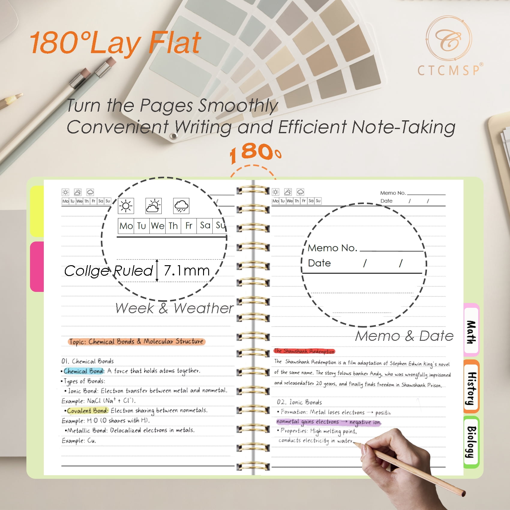 5 Subject Spiral Notebook with Removable Dividers Tabs Hardcover Notebook Journal for Women Men,Perfect for Academic Supplies,College Ruled,300 Pages