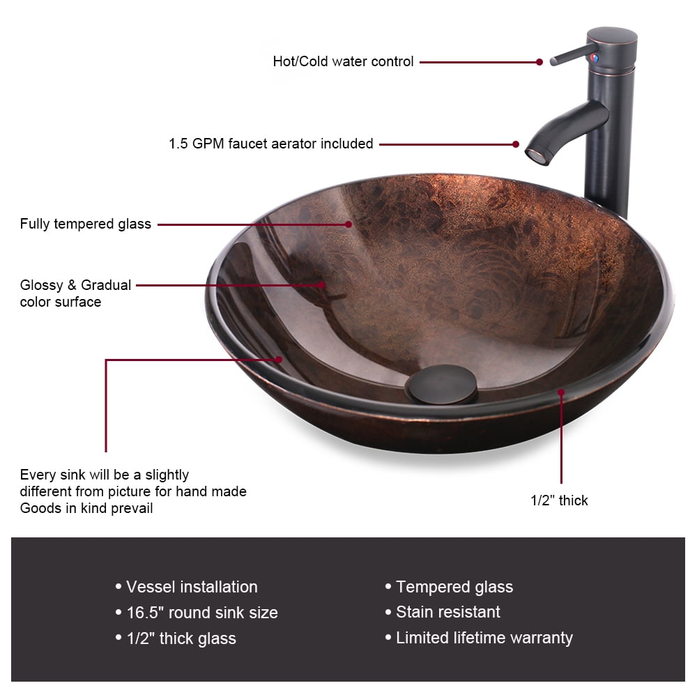 Eclife 16.5" bathroom Basin Sink Modern Round Artistic Vanity Sinks Combo with Oil Rubbed Bronze Faucet & Pop up Drain Bathroom Bowl Combo, Brown