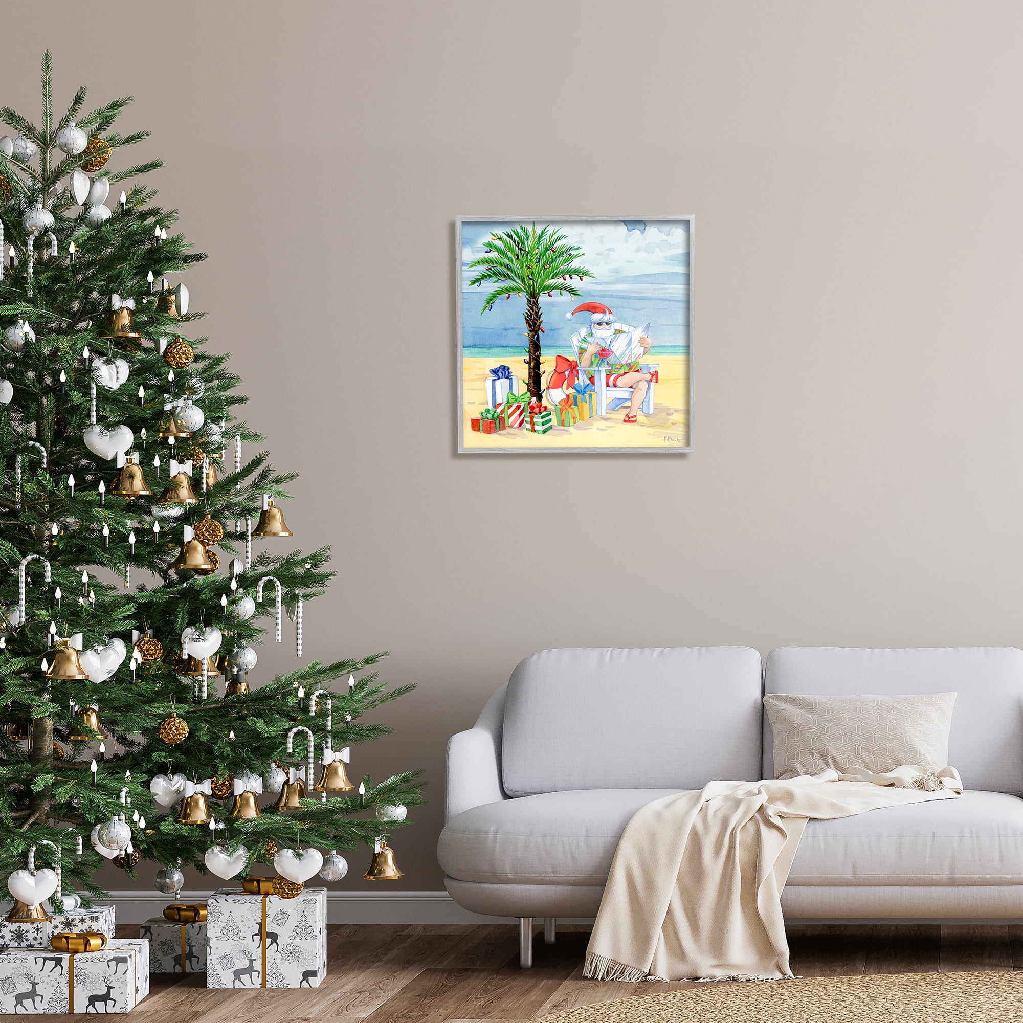 Stupell Industries Santa Claus on Beach Holiday Painting Gray Framed Art Print Wall Art, 24 x 24