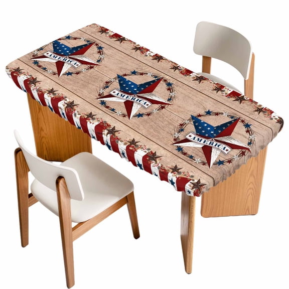Independence Day Table Cloths for 6 Foot Rectangle Tables, Texas Star American Country Wooden Patio Waterproof Elastic Fitted Tablecloths, Washable Rectangular Table Cover for Camping