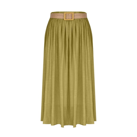 Women's Linen High Waisted Pleated Maxi Skirt Elastic Waist A-Line Long Skirt with Woven Belt Lightweight Flowy Elegant Summer Beach Vacation Casual Daily Wear