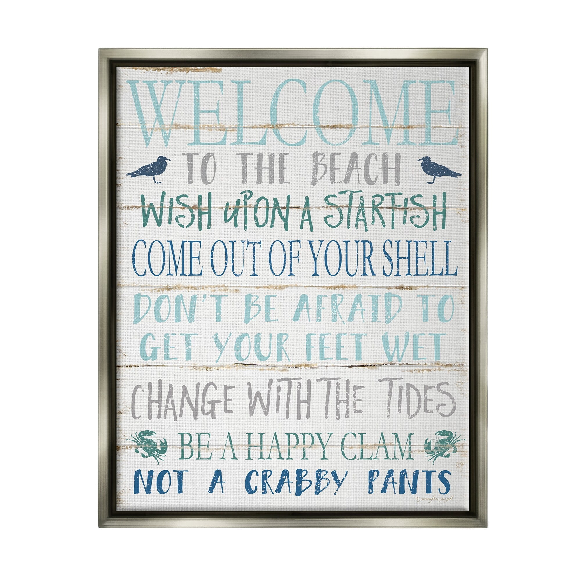 Stupell Industries Welcome to the Beach Blue Aqua and White Planked Look Sign Luster Gray Framed Floating Canvas Wall Art, 16x20, by Jennifer Pugh