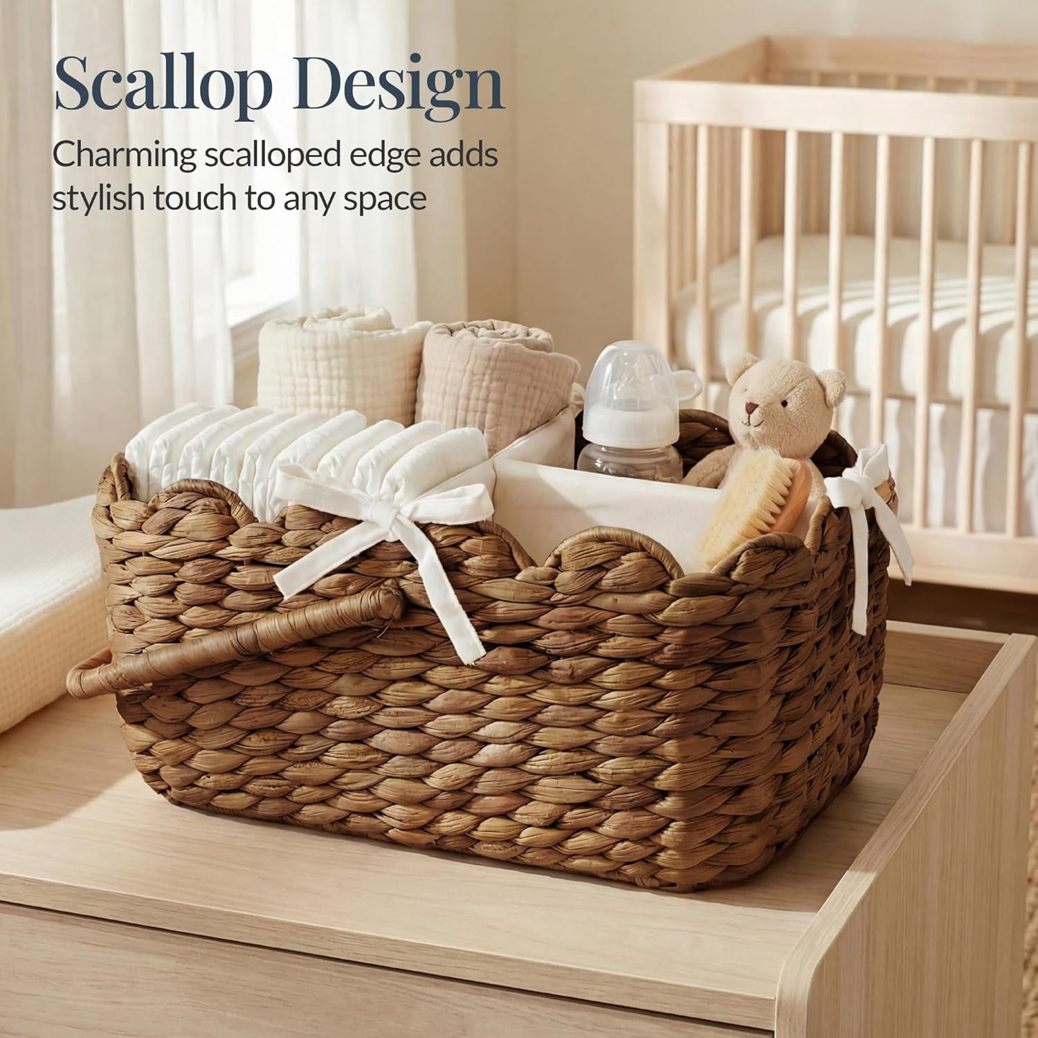 Baby Diaper Caddy Organizer, Large Portable Handmade Nursery Basket w/Removable Divider & Handles, Handwoven Changing Table Storage Bin for Nursery Organization - Chestnut