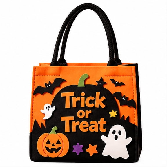 Halloween Trick or Treat Bag with Handles, Orange Candy Tote with Pumpkin, Ghost & Bat Design