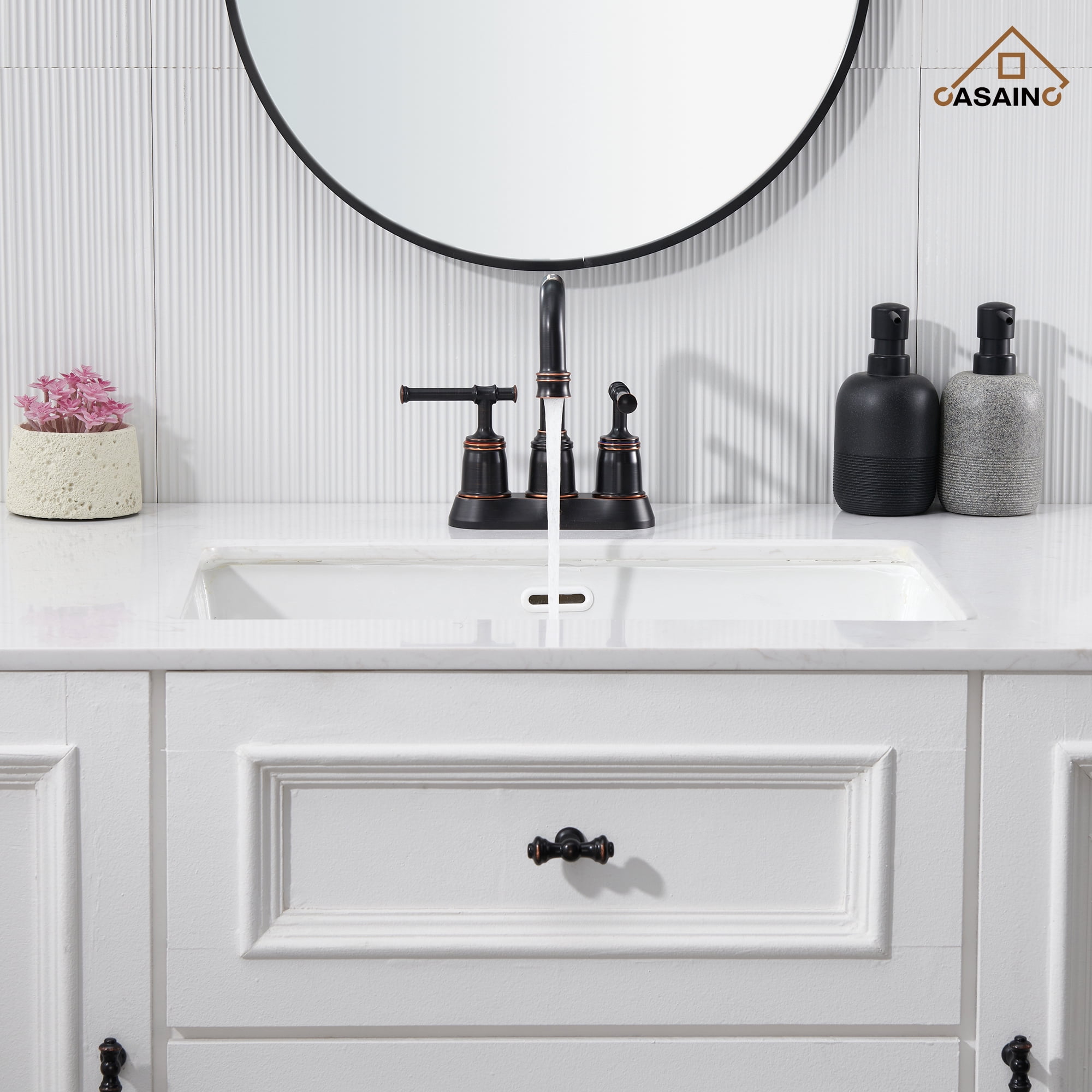 CASAINC 4 in. Centerset Double Handle Bathroom Sink Faucet Lavatory Faucet with Stainless steel Drain in Oil Rubbed Bronze