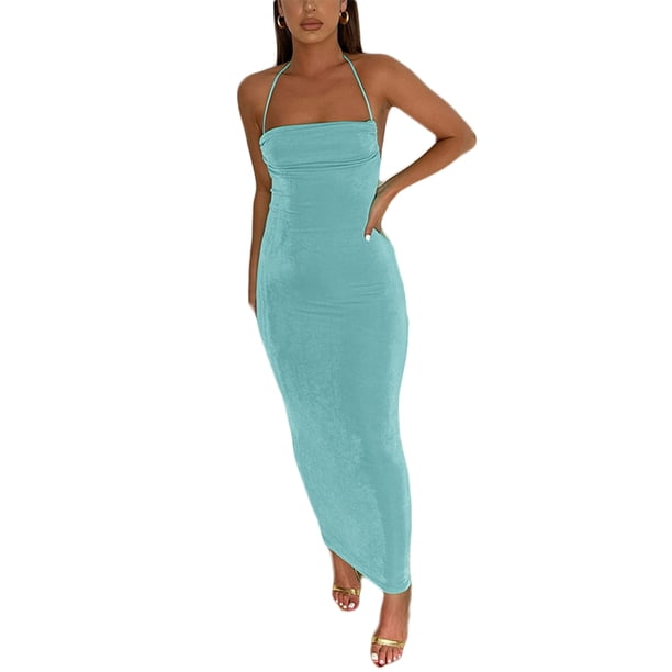 VISgogo Vestido ajustado con espalda abierta para mujer, falda cruzada sin mangas con cuello halter de color liso, verde/azul/rosa VISgogo moda