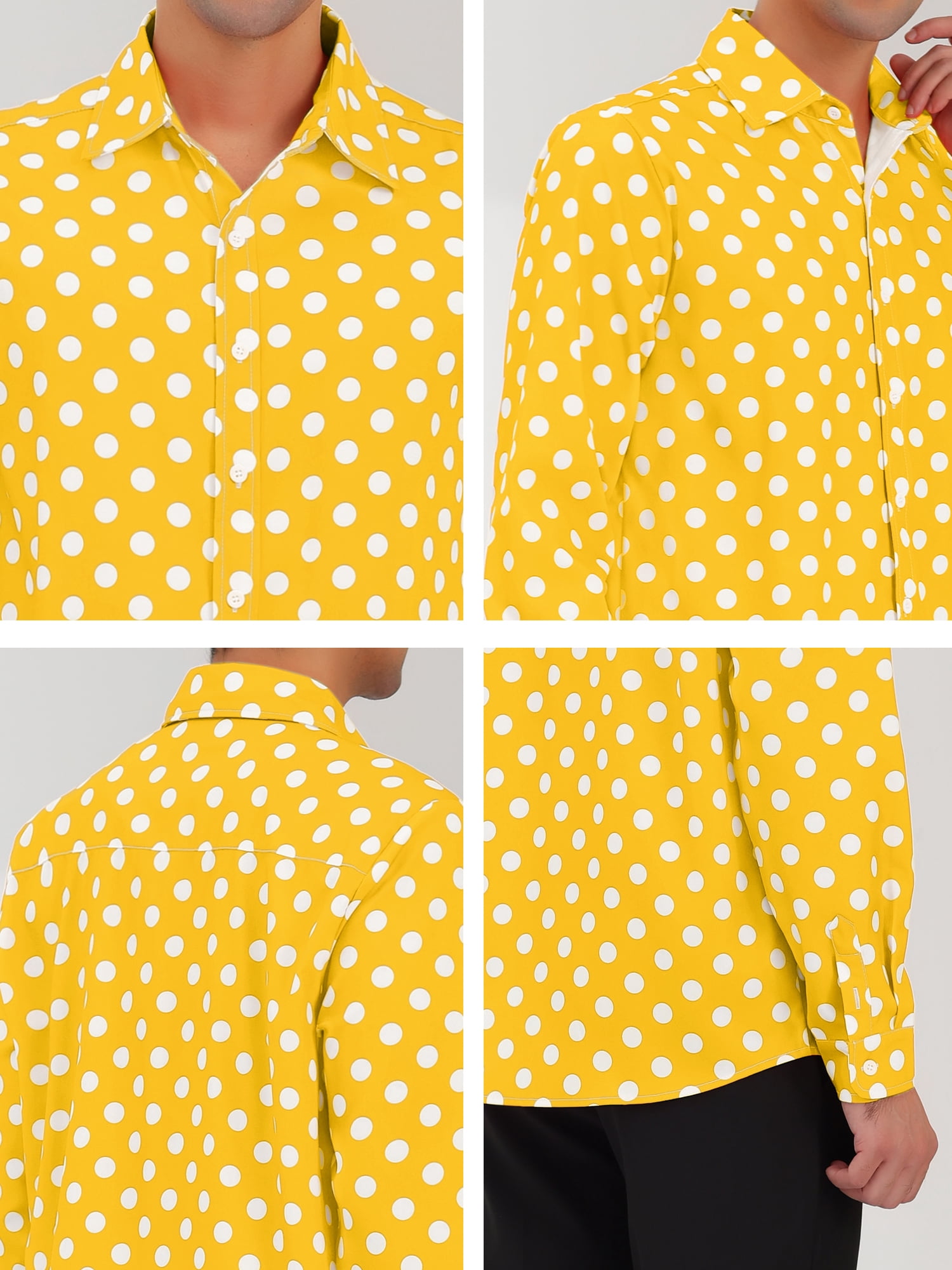 Unique Bargains Men's Long Sleeve Button Slim Polka Dots Shirt 34 Yellow