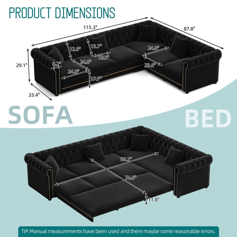 L-Shaped Chesterfield Sectional Sofa Set with Pull-Out Bed, Oversize Convertible Sleeper Sofa, Button Tufted Large Couch