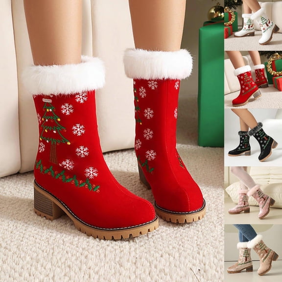 Nmnitkp Boots for Women Fashionable Casual Versatile Trendy Cool Fashionable Red Christmas Tree Round Head Thick Sole Thick Heel Short Boots Red,36