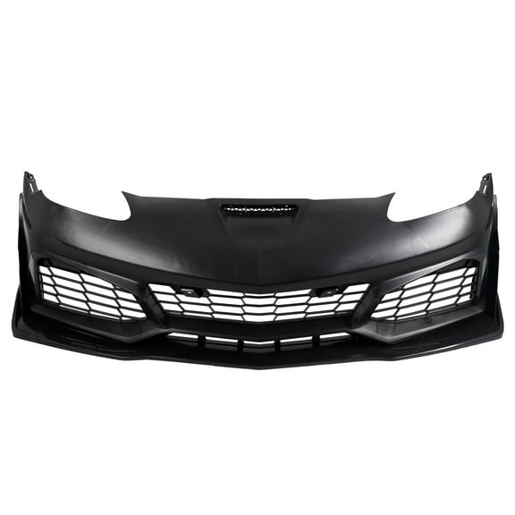 Ikon Motorsports Front Bumper Cover with Grille/ Lip, Compatible with 2006-2013 Chevy Corvette C6 427/Grand Sport/Z06/ZR1, C7 ZR1 Style Unpainted Black PP&ABS Replacement Bumper Conversion Bodykit