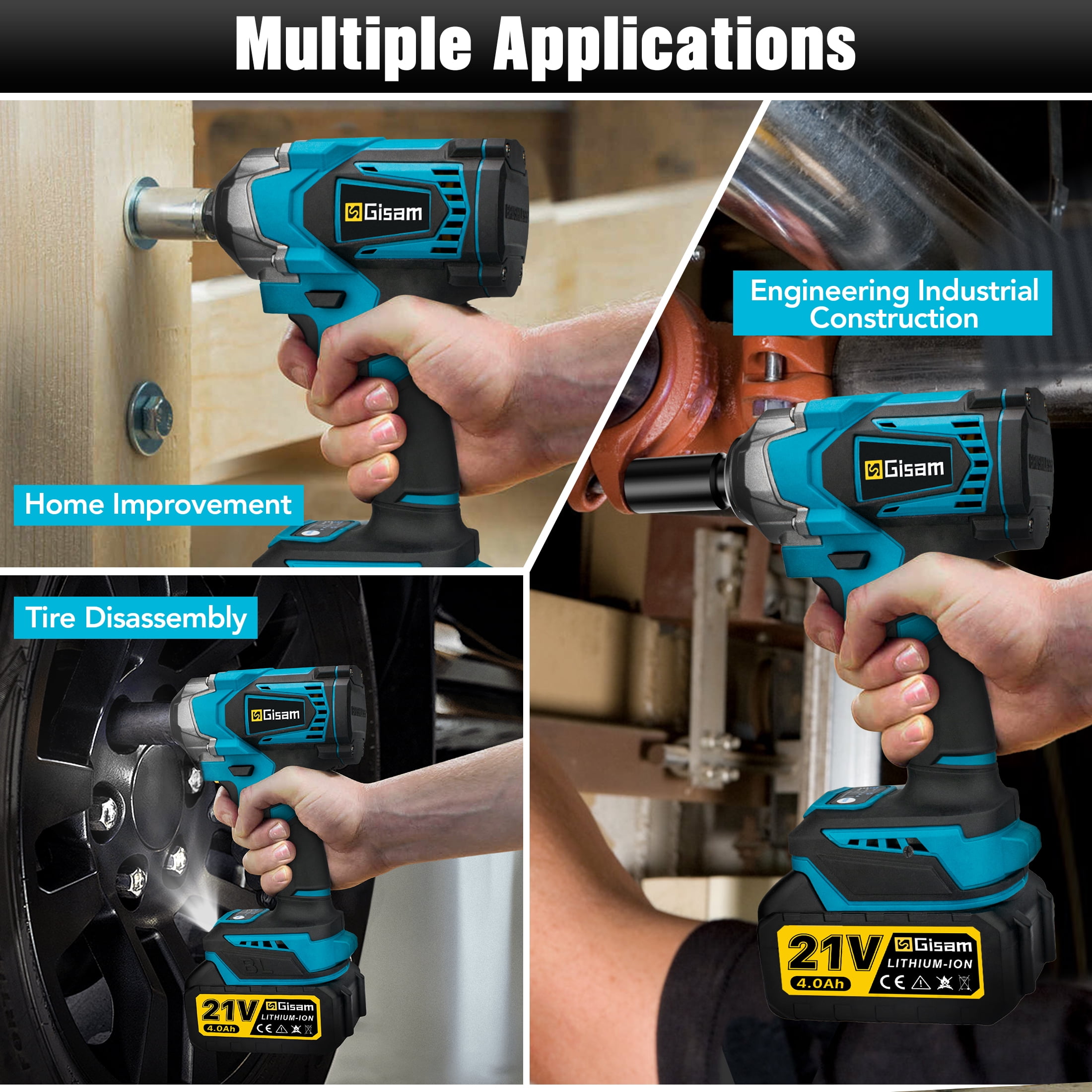 Gisam 800N.m(590 ft-lbs) Cordless Impact Wrench  with 2x4.0Ah Batteries & 13 Sockets Accessories, 1/2" Brushless High Torque  Impact Gun for Home Cars Tire