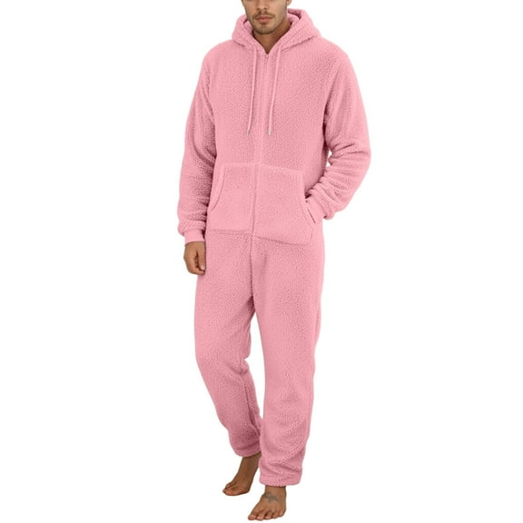SUYIDA Men's Hooded Onesie Pajamas Lightweight Fuzzy Fleece Zip Up Jumpsuit Long Sleeve Long Pants One Piece Pjs