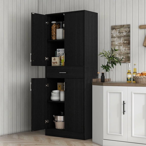 Resenkos 71" Kitchen Cabinet with Drawer and Adjustable Shelf, Freestanding Tall Kitchen Pantry, Distressed Black