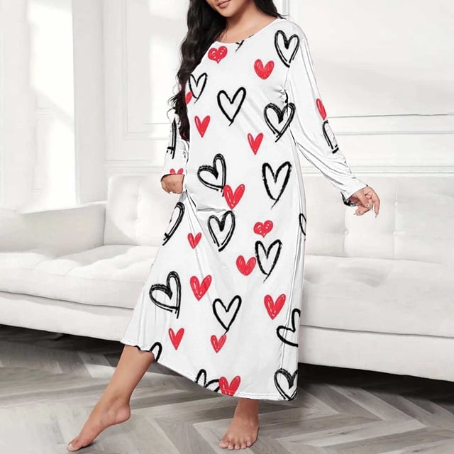Kelon Nuisettes et Chemises de Nuit pour Femmes en Solde Robes en Polyester Spandex pour Femmes Grande Taille Robe de Nuit Décontractée Robe de Sommeil pour Femmes Grande Taille à Imprimé Cœur Manches Longues Col Rond Extensibilité Moyenne Nuisette Ample