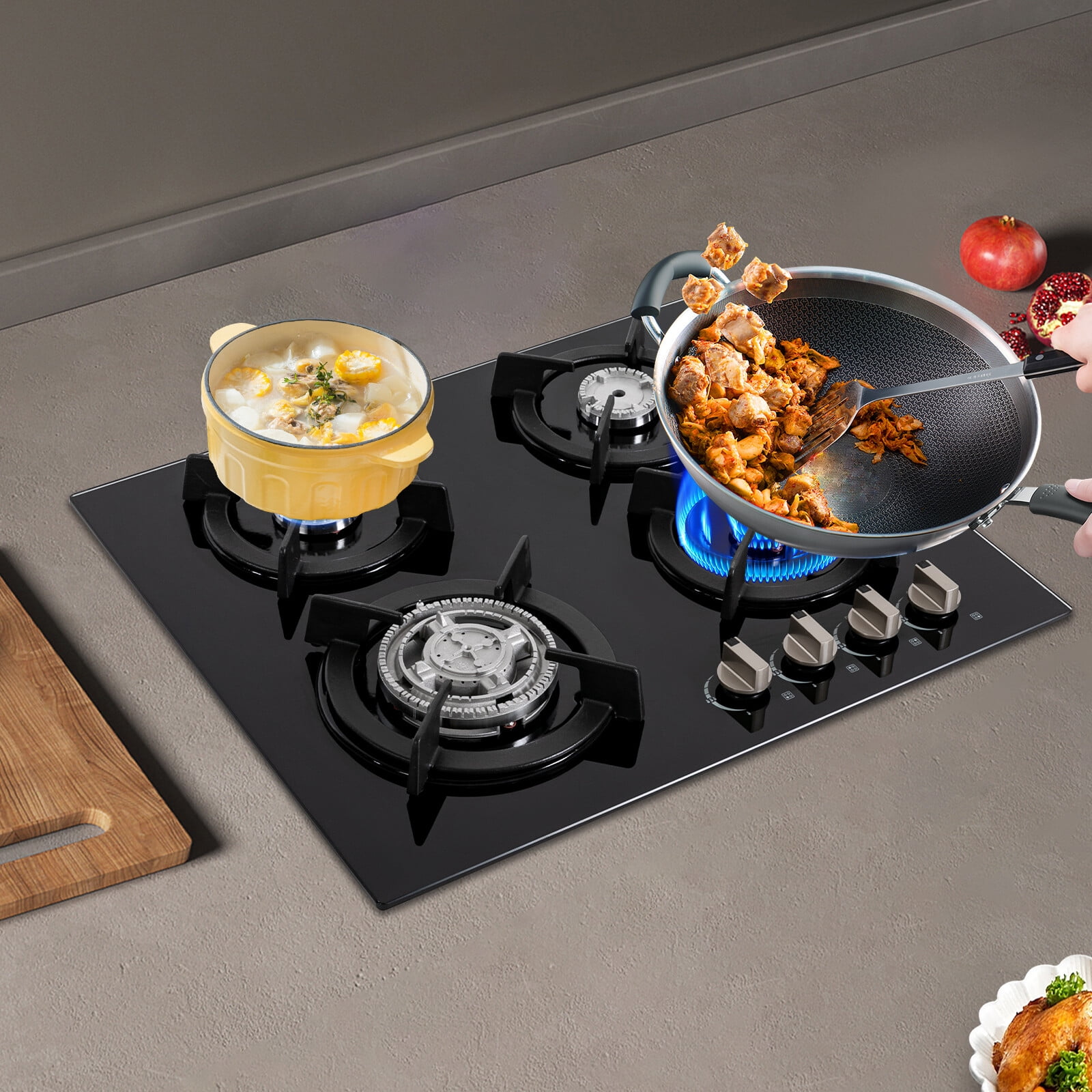 23Inch 4 Burner Built-In Lpg Gas Stovetop,Drop-In Gas Hob with Independent Control Knobs&Backfire Protection,Black Tempered GlassGas Cooktop
