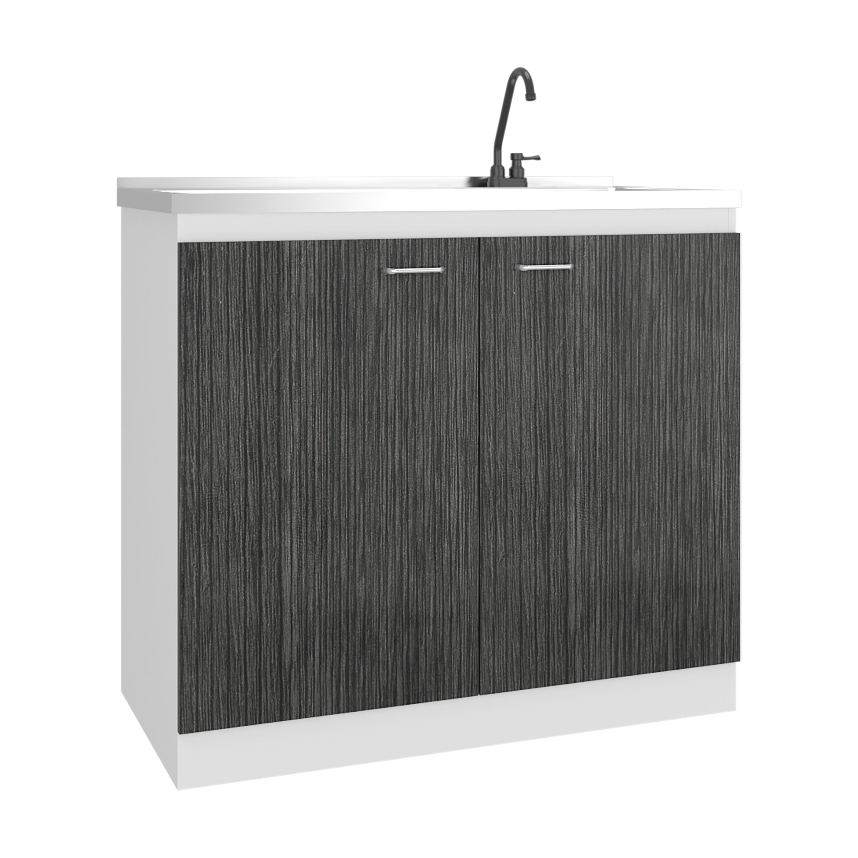 Undermount Kitchen Sink, Napoles Utility Sink with Faucet Inclued and Integrated Stainless Steel Counter top, Freestanding cabinet with two doors, Metal Handles and Two interior shelves, Gray+White
