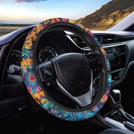Jeiento Vintage Boho Floral Car Steering Wheel Cover Universal Interior Auto Accessories Neoprene Anti Slip Car Steering Wrap Protector Universal 15 Inches for Sedan Truck SUV