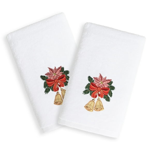 Authentic Hotel and Spa Christmas Bells Embroidered White Turkish Cotton Hand Towels (Set of 2)