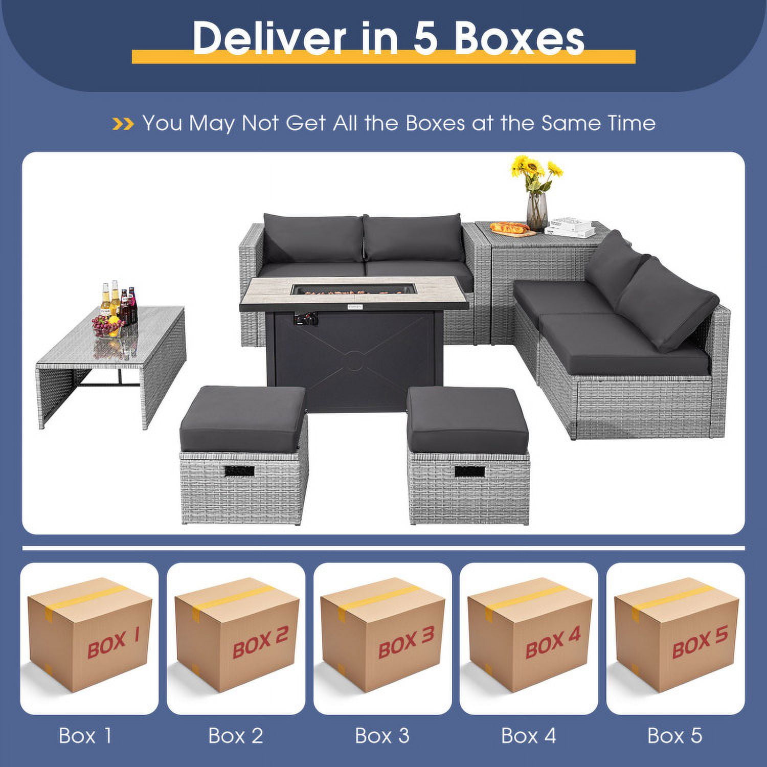 Aimee Lii 9 Pieces Patio Furniture Set with 42 Inches 60000 BTU Fire Pit, Outdoor Patio Furniture, Gray Aimee Lii 9 Pieces Patio Furniture Set with 42 Inches 60000 BTU Fire Pit, Outdoor Patio Furniture, Gray