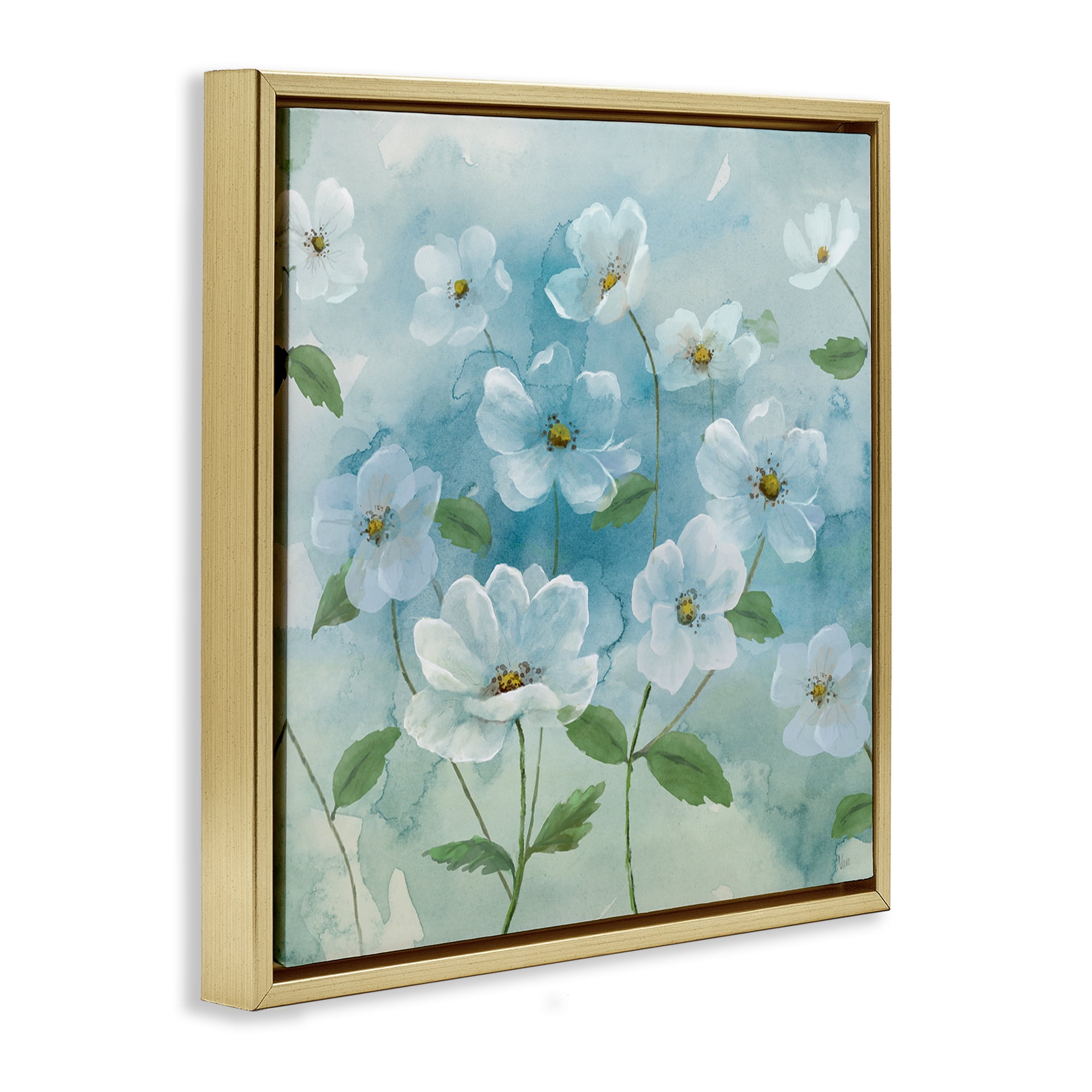 Stupell Industries Lovely Flowers on Blue Plants & Flowers Painting Gold Floater Framed Canvas Art Print Wall Art, 18 x 18