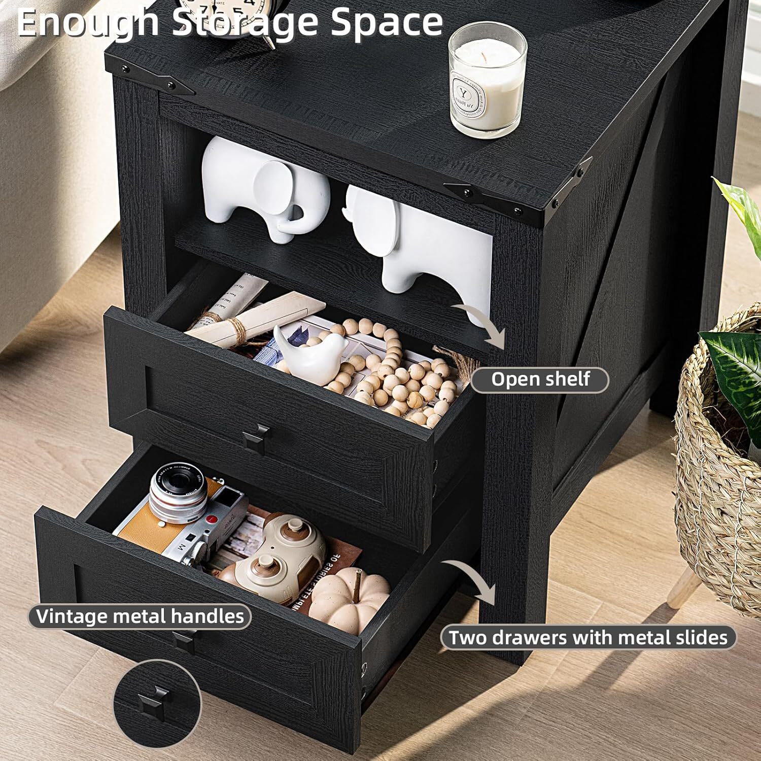 Joaxswe Nightstand with Charging Station Set of 2, 18"Wide Bedside Table with 2 Drawers & Open Shelf, Wood End Table with Storage & Metal Handle for Bedroom, Black