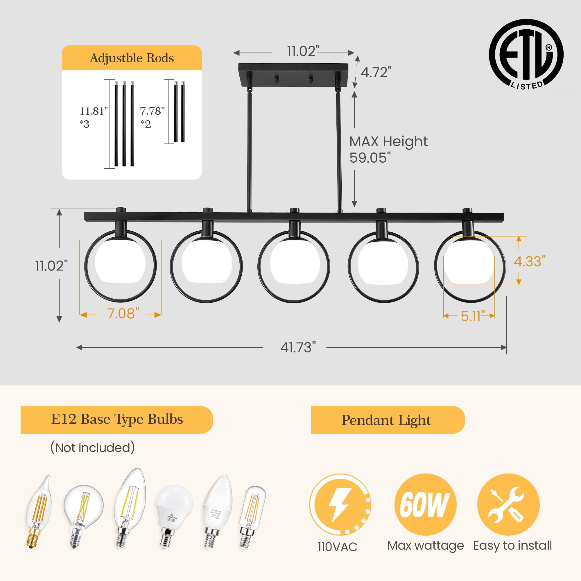 LovingAHome 5-Light Kitchen Island Pendant Light Metal Swivel Bars with Glass Shade Dining Room Light Fixture,Black