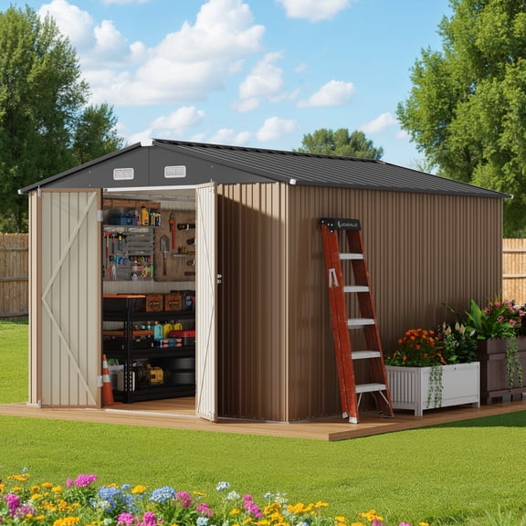 Asofer 10x10 FT Outdoor Storage Shed, Large Utility Metal Tool Shed Lockable Doors & Vented Windows for Backyard, Patio, Lawn, Gray