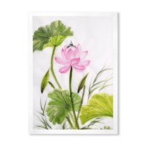 Designart 'Single Vintage Pink Lotus Flower With Green Leaves' Traditional Framed Art Print