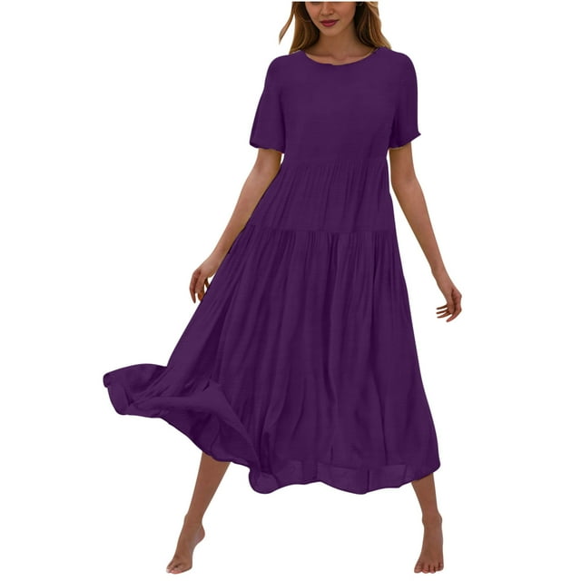 AherBiu Robes Fluides pour Femmes 2024 Été Robe Maxi à Col Rond Ample à Étages à Manches Courtes Longue Robe