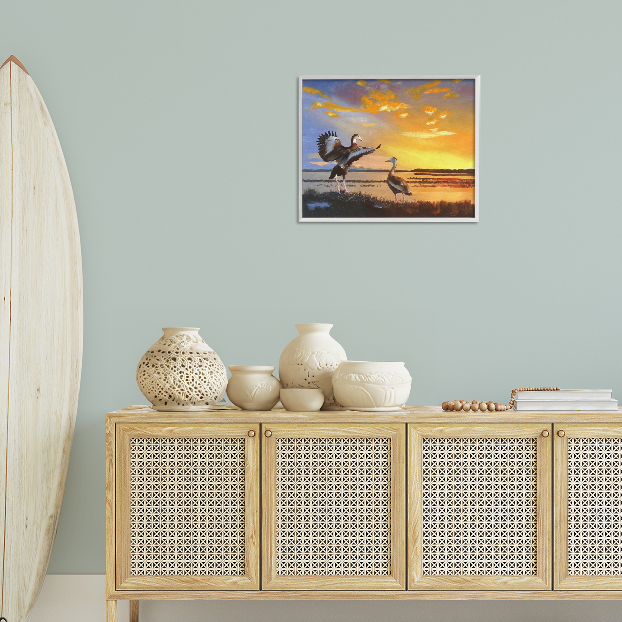 Stupell Industries Beach Birds at Sunset Animals & Insects Painting White Framed Art Print Wall Art, 20 x 16