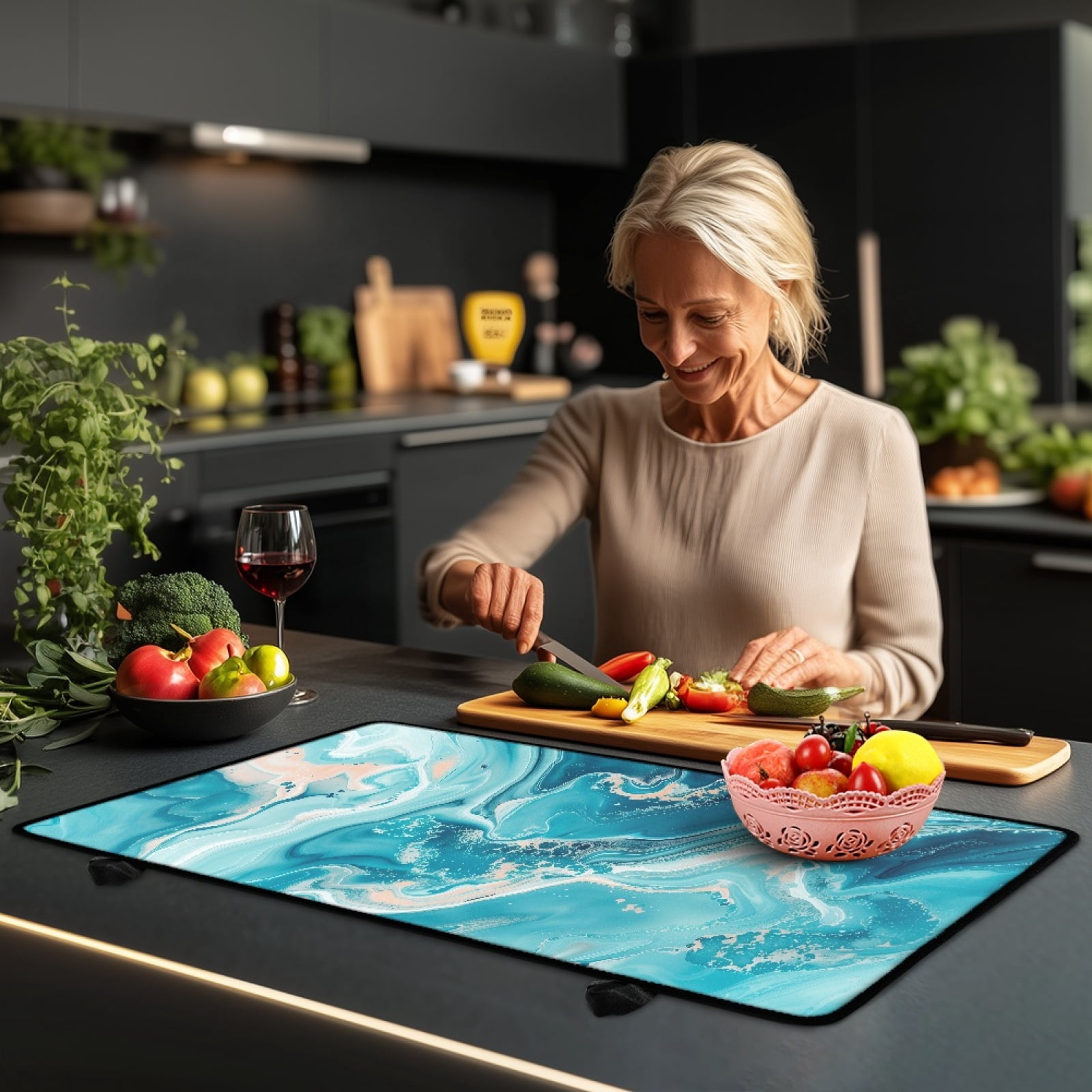 Renewold Glass Top Stove Cover for Electric Stove, Foldable Cooktop Protector Multipurpose Mat Washer Dryer Top Protector Kitchen Decor Accessories, Blue Marble
