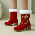 thumbnail image 2 of Red Womens Mid Calf Boots For Casual Wear Round Toe Thick Sole Chunky Heel High Heel Fleece Lined Short Boots With Reindeer Pattern Size 37, 2 of 9
