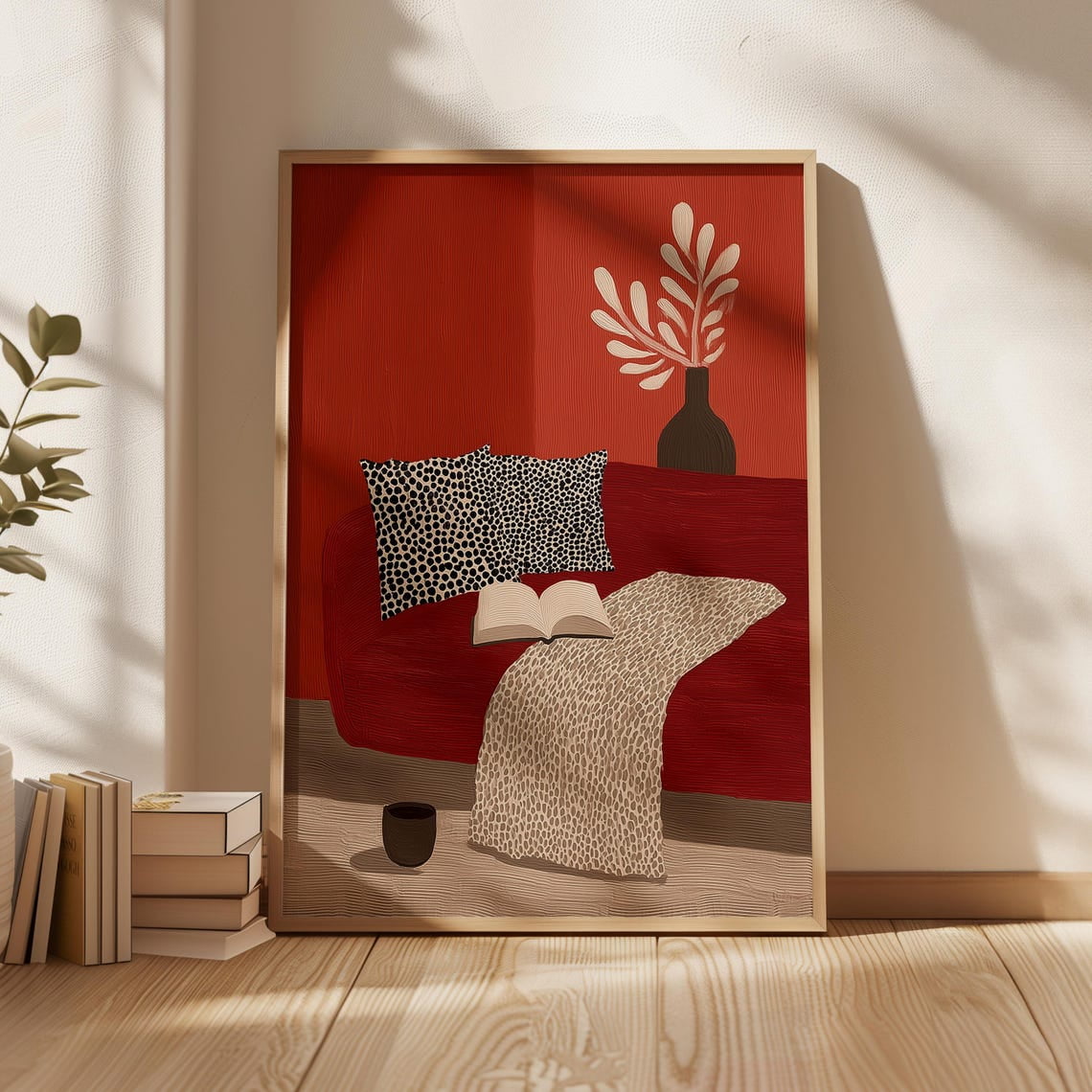 Cozy Reading Corner Red Sofa With Book And Blanket Wall Art Living Room And Gallery Wall Decor