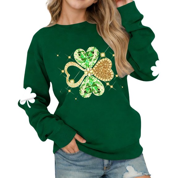 WOYY St. Patrick's Day Sweatshirts for Girls Casual Clover Graphic Soft Pullover, Sizes 3-14