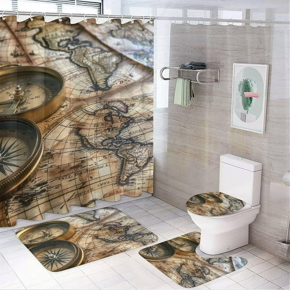 4Pcs Retro World Map Shower Curtain Set with Rugs, Toilet Lid Cover and Bath Mat, Classic Vintage Compass Bathroom Curtains Decor Shower Curtains, 72" x 72"