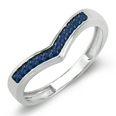 - 0.15 Carat (ctw) 10K Gold Round Real Blue Sapphire Wedding Stackable Band Anniversary Guard Chevron Ring