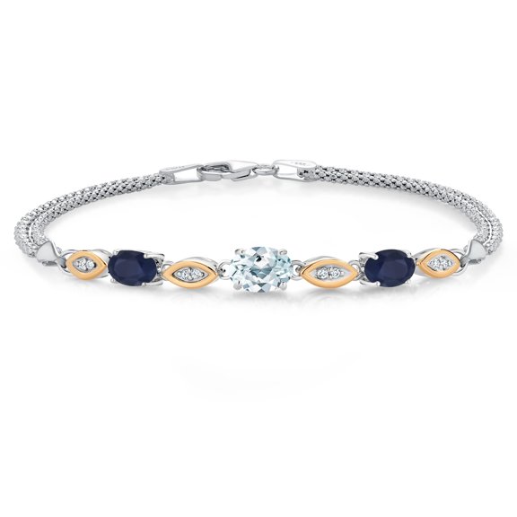 925 Silver and 10K Yellow Gold Sky Blue Aquamarine and Blue Sapphire and White Lab Grown Diamond Bracelet for Women (1.92 Cttw, Gemstone March Birthstone, Oval, Wheat Chain, 7.5 inches)