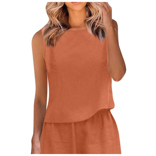 JIUKE Cotton Linen Tank Tops for Women Sleeveless Round Neck Tees Solid Color Comfy Summer Crop Tops