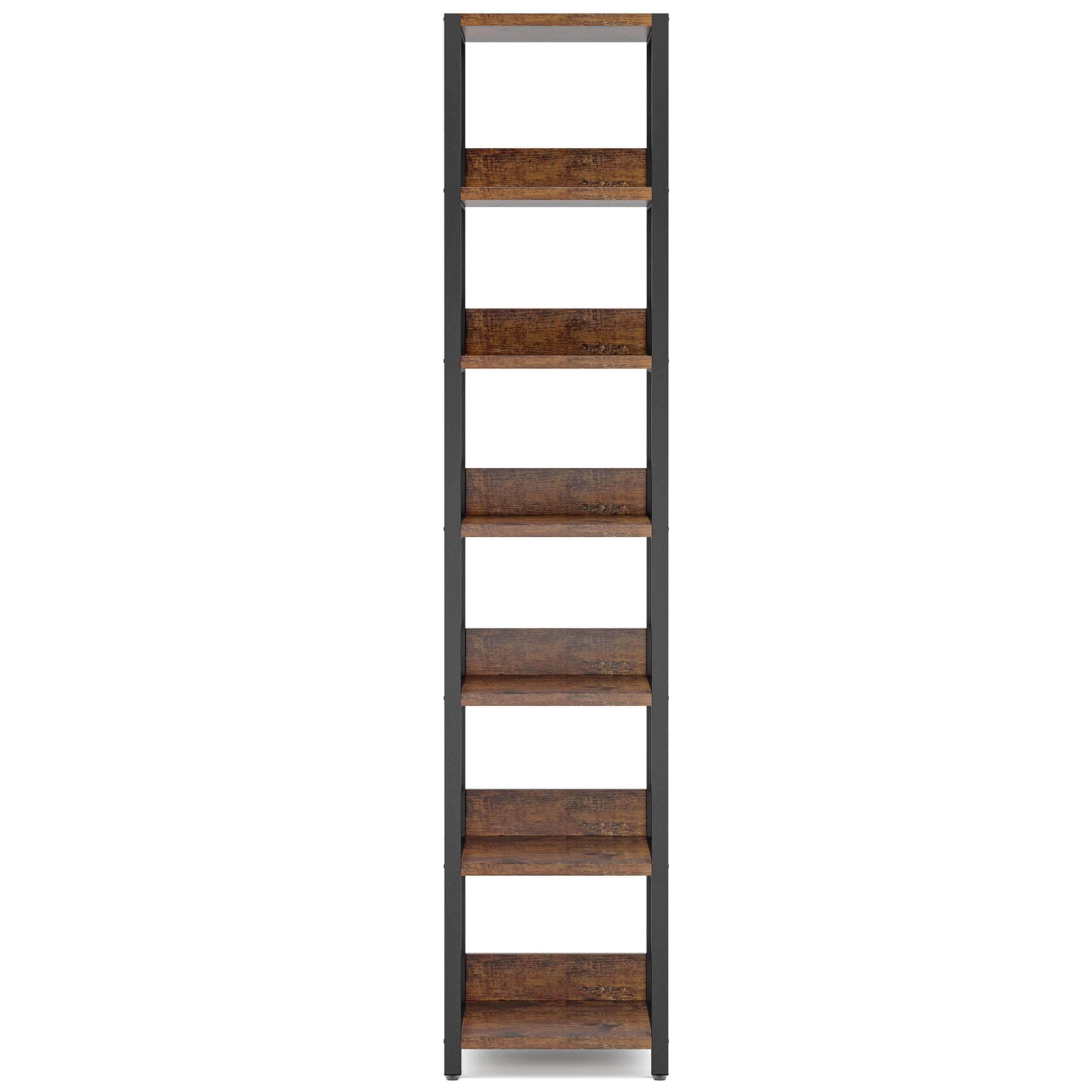 Fnova 75" 6-Tier Corner Bookshelf, Tall Narrow Rustic Wood Open Storage Rack, Square Bookcase Display Stand for Small Spaces in Living Room, Bathroom