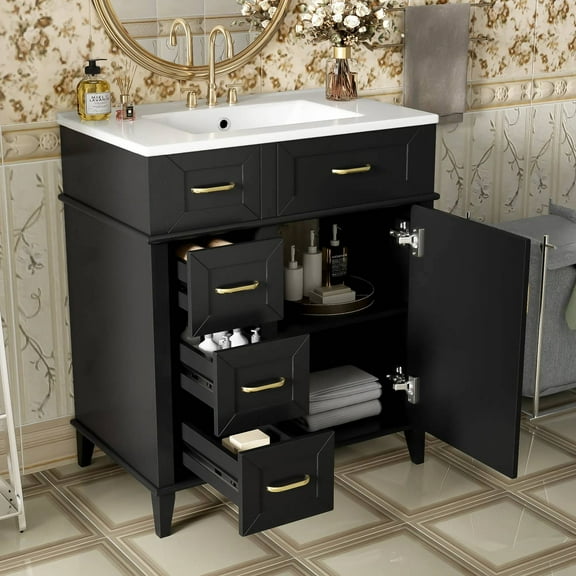 EUROCO 30" Bathroom Vanity with Ceramic Sink,Solid Wood Bathroom Makeup Cabinet with Soft Close Door,Adjustable Shelf and 3 Drawers,Free Standing Single Basin Vanity Set for Bathroom,Black