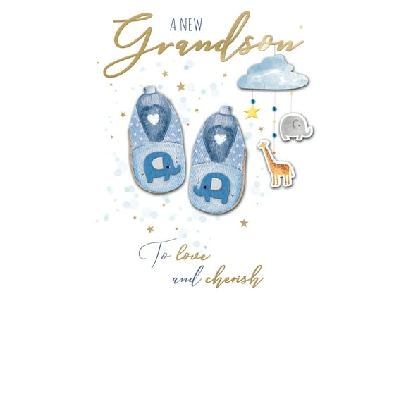 Handmade "Champagne" Greeting Card New Baby Grandson - Booties and Mobile