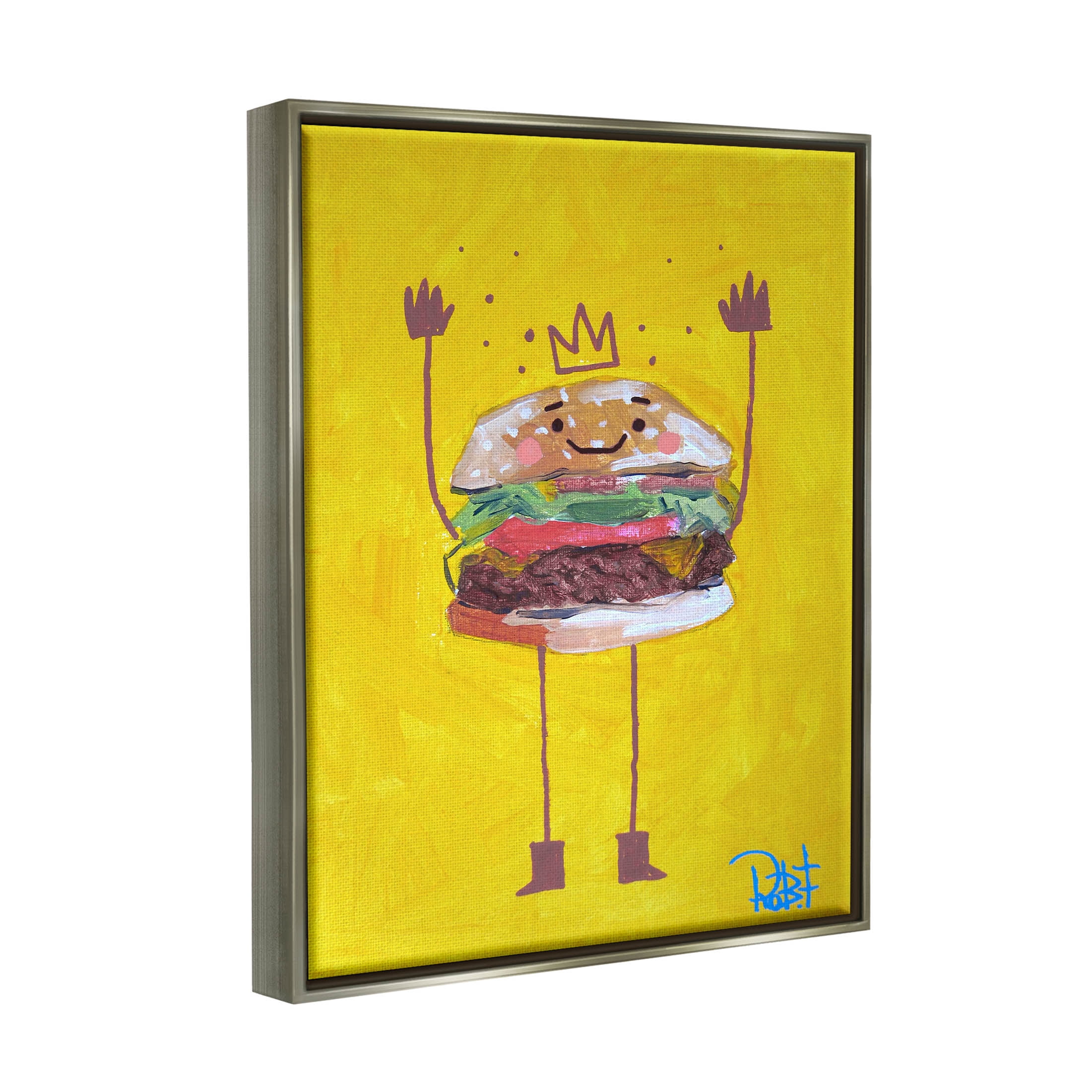 Stupell Industries Smiling Hamburger Crown Food Character Painting Luster Gray Floating Framed Canvas Print Wall Art, Design by Robert Filiuta