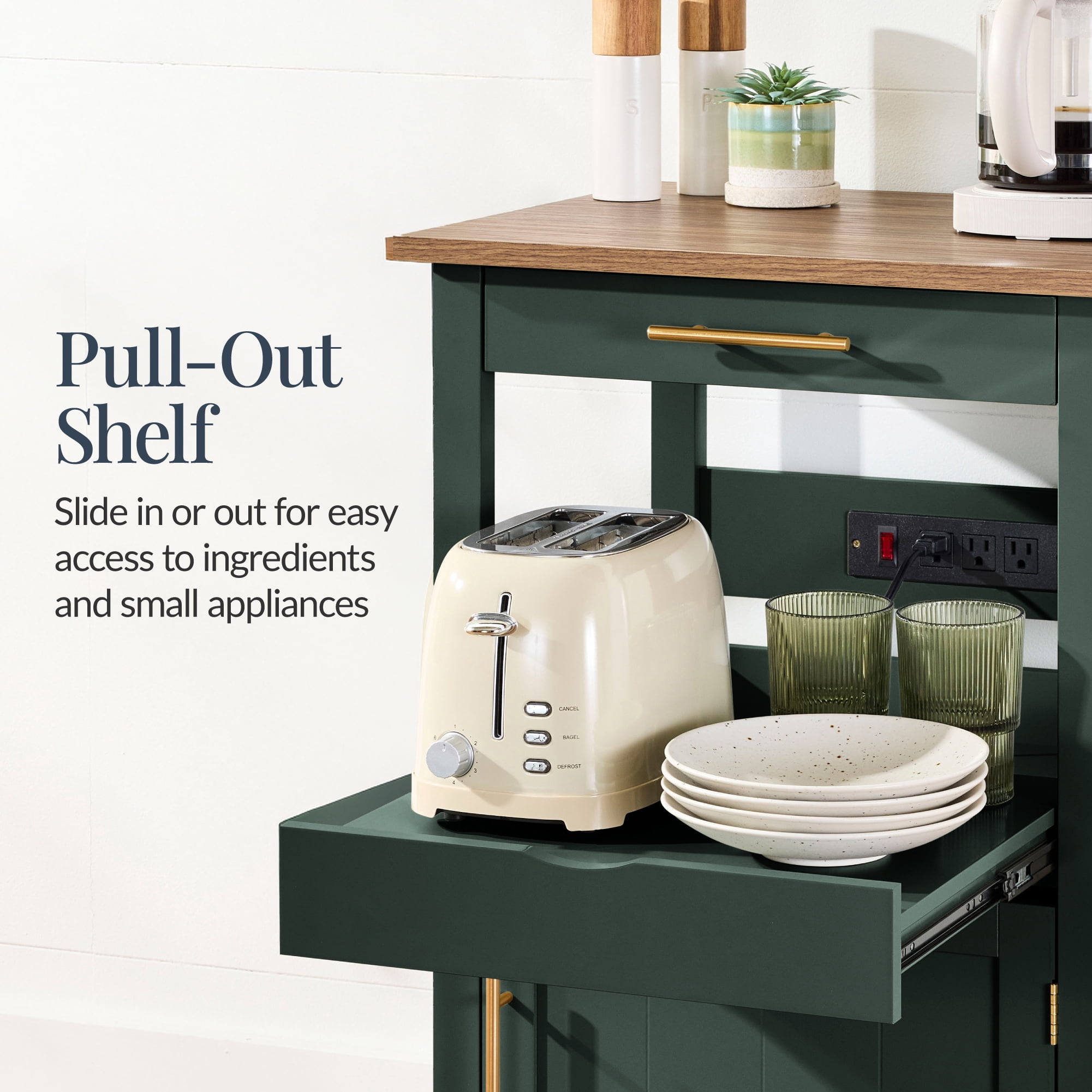 Best Choice Products Rolling Kitchen Island Cart, Cabinet W/ Drawer, Sliding Tray, Outlet, Wheels, Hooks - Forest Green