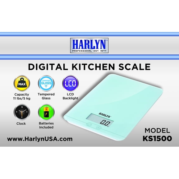Digital Food & Kitchen Glass Scale 11 lbs - Multifunction - Tempered Glass - Elegant White - Tare Function - with Clock - LCD Backlight by Harlyn