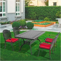 JERFIT 4-Person Outdoor Patio Dining Set with Table, 4 Stackable Chairs & Red Cushions, All-Weather Cast Aluminum Furniture for Garden, Deck, Poolside