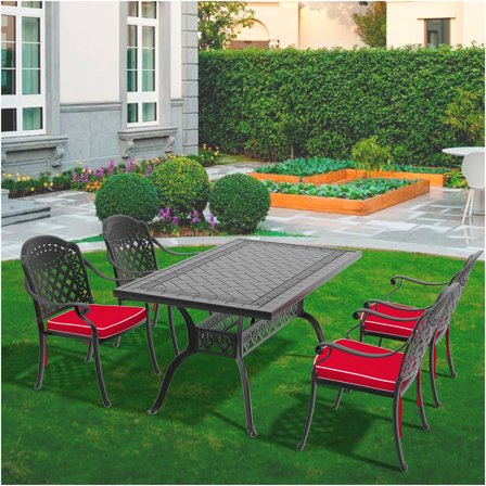 JERFIT 4-Person Outdoor Patio Dining Set with Table, 4 Stackable Chairs & Red Cushions, All-Weather Cast Aluminum Furniture for Garden, Deck, Poolside