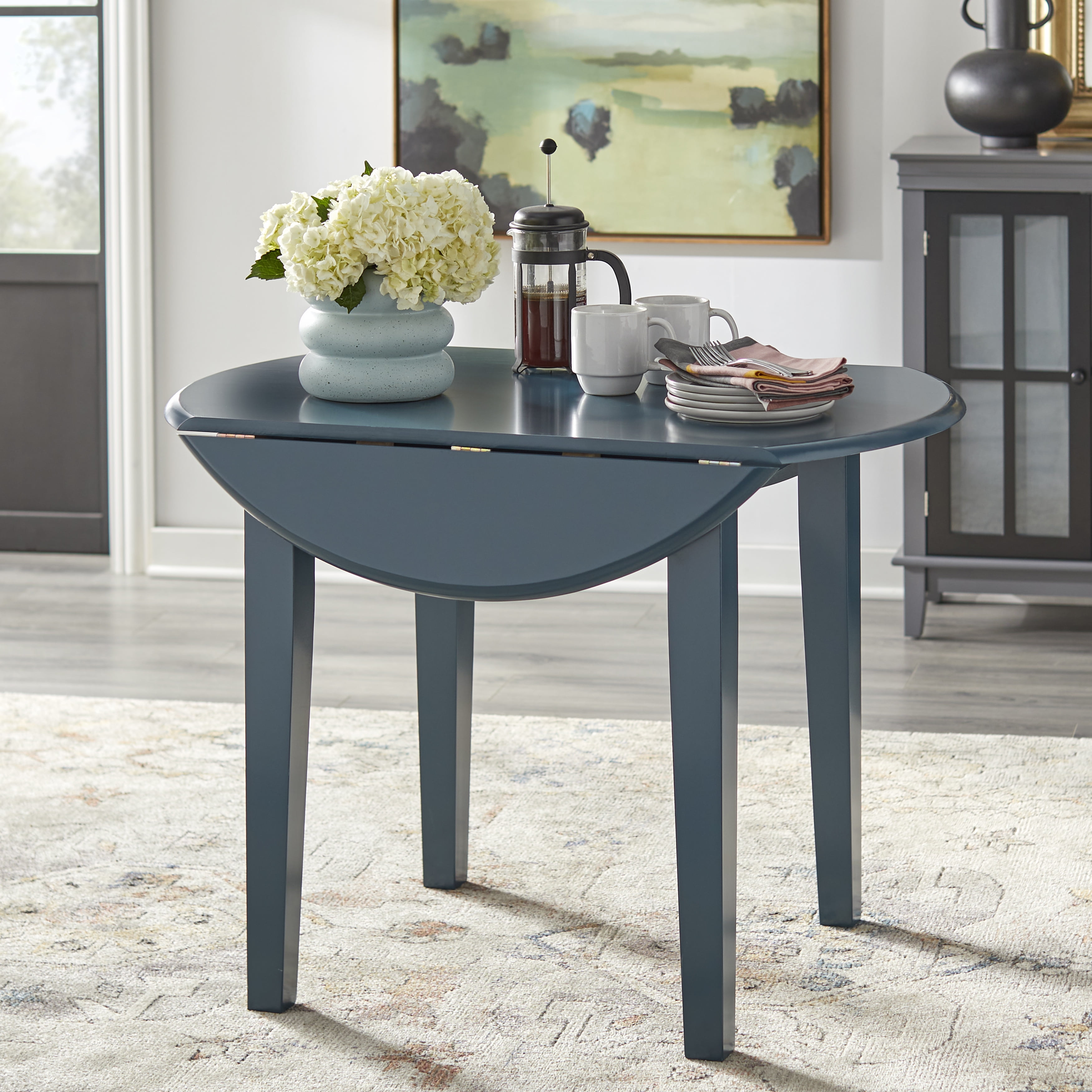 TMS Chadwick 40” Round Solid Wood Drop Leaf Dining Table, Midnight Blue