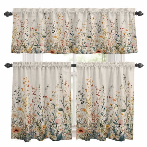 Vintage Botanical Kitchen Curtains Sets for Windows 24 Inch Length, Spring Floral Summer Botanical Rustic Rod Pocket Window Treatments Tier Curtains and Valances Set for Bedroom/Bathroom