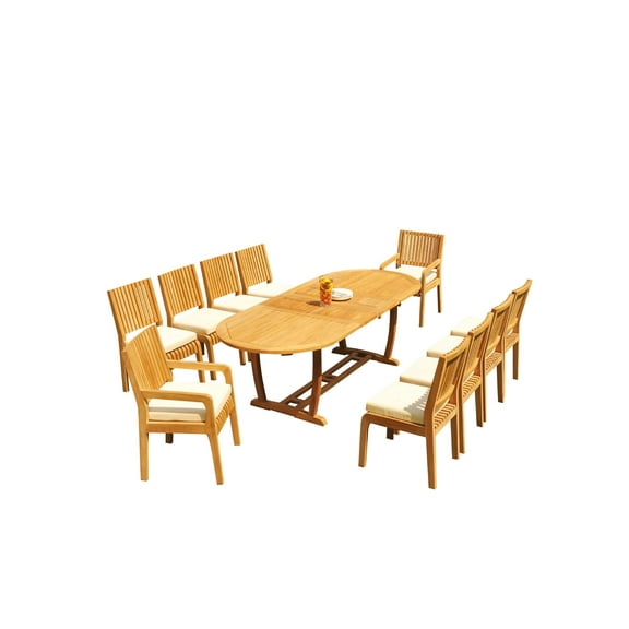 Grade-A Teak Dining Set: 10 Seater 11 Pc: 94" Mas Oval Trestle Leg Table And 10 Maldives Chairs (2 Arm & 8 Armless Chairs) WholesaleTeak #51ML2311